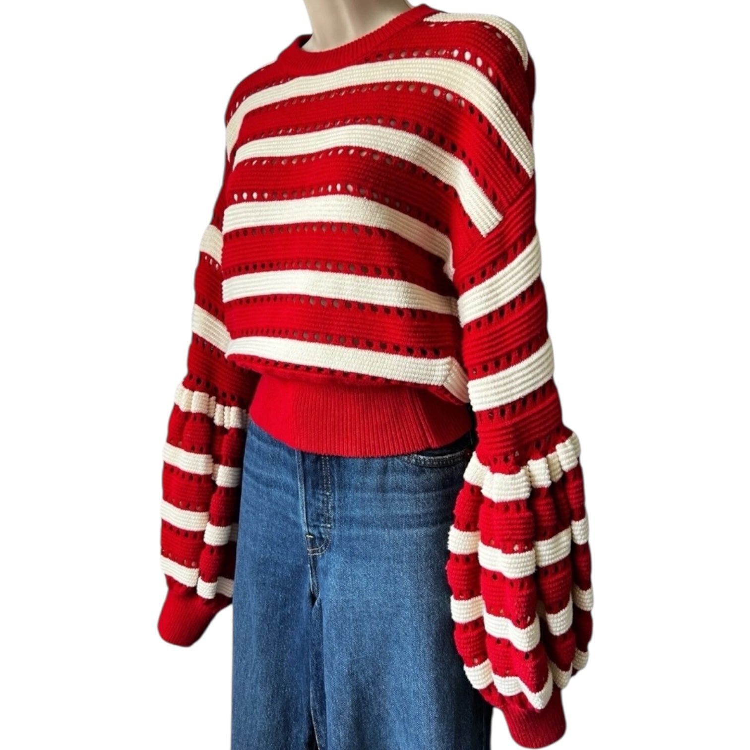 Self-Portrait Open-Knit Puff Sleeve Crop Jumper – Striped, Size L – pre-loved