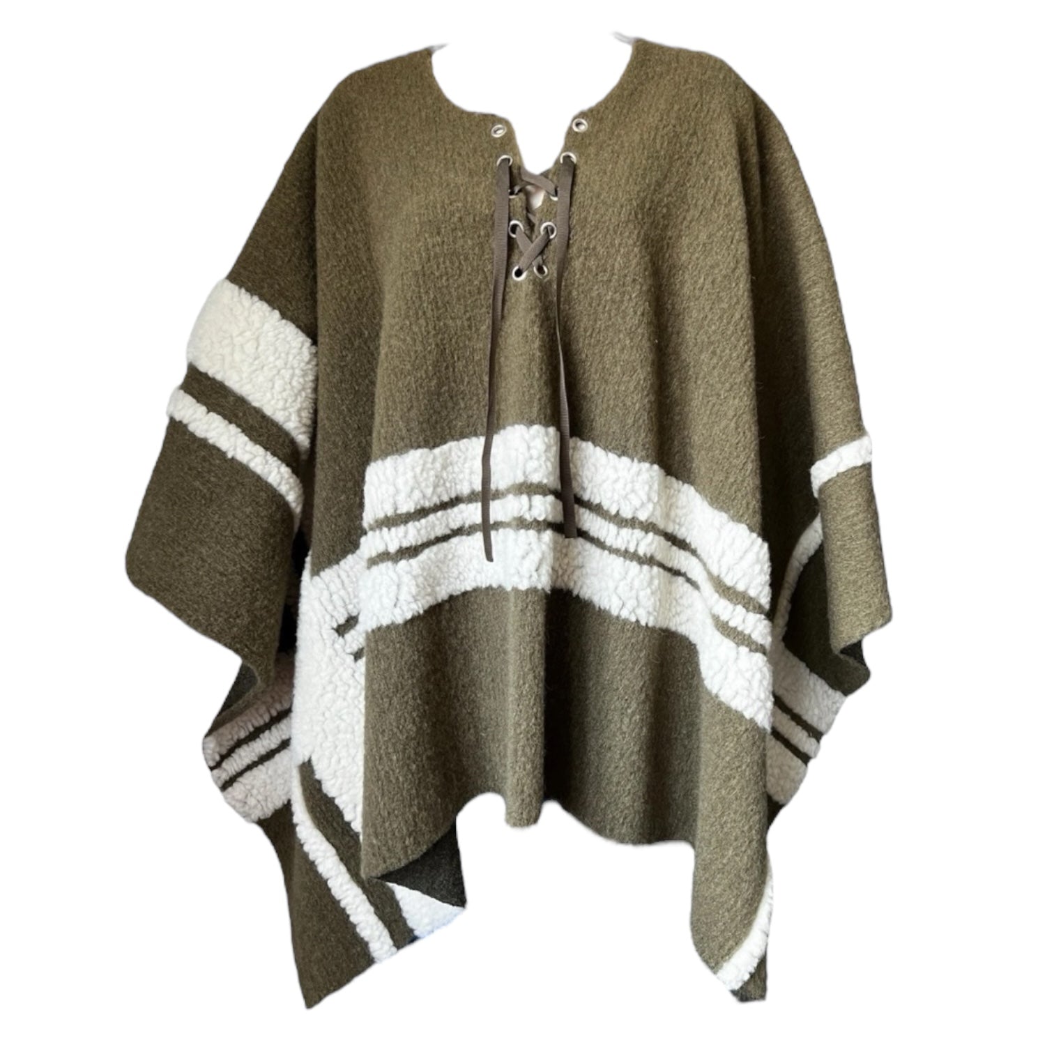 Maje Wool-Blend Shearling Knit Poncho – Khaki Green, OS (Fits XS–L) – pre-loved