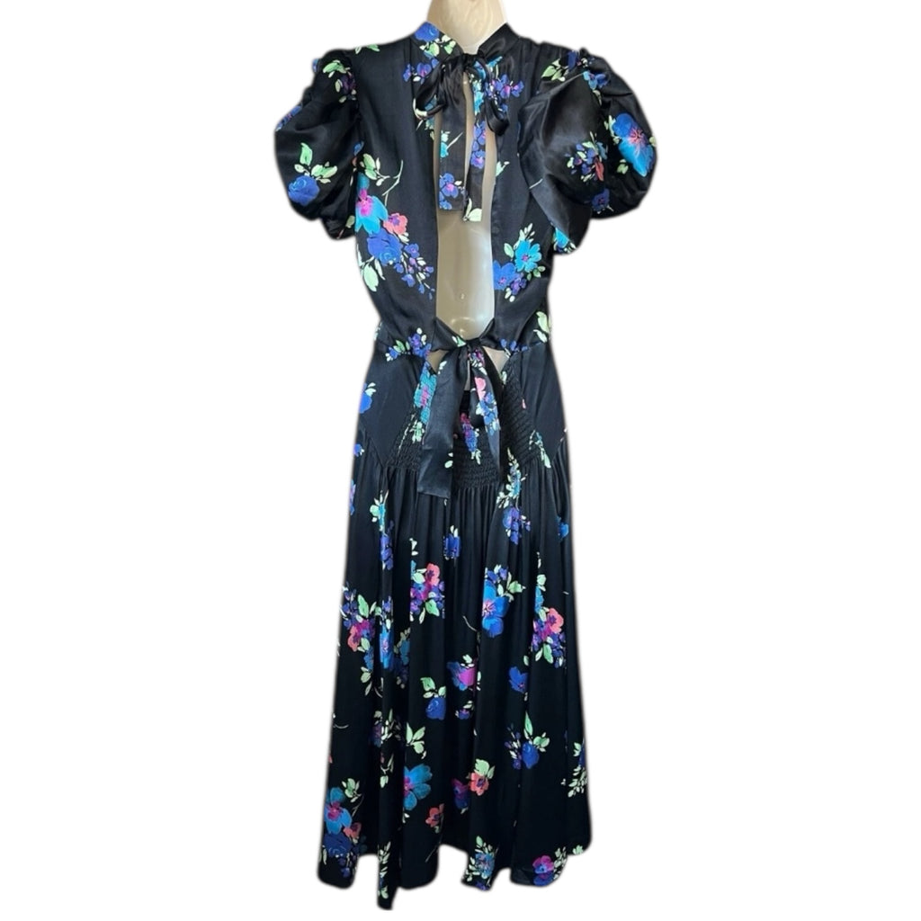 Rotate Birger Christensen Puff Sleeve Satin Midi Dress – Black Floral, DE38