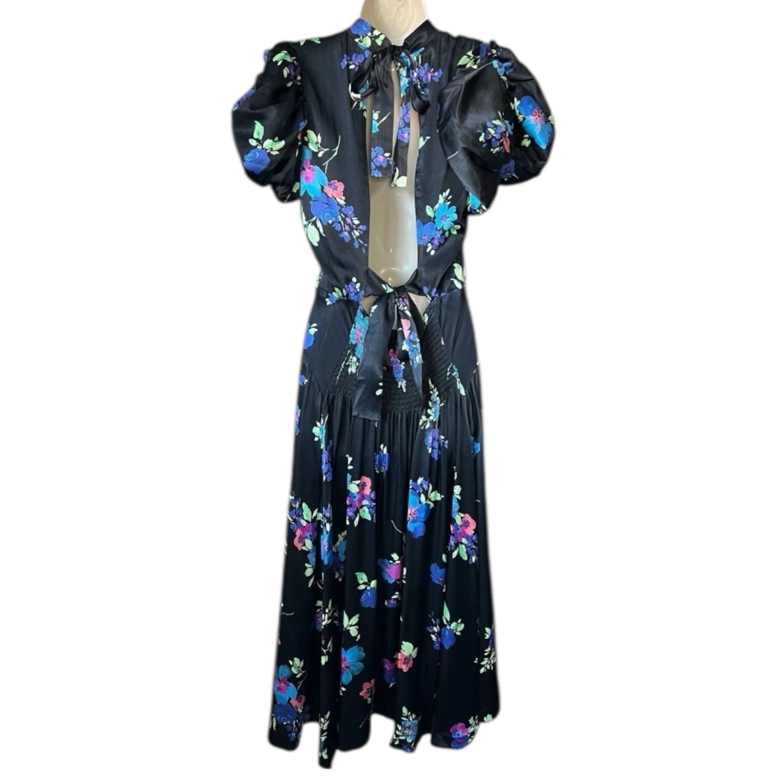 Rotate Birger Christensen Puff Sleeve Satin Midi Dress – Black Floral, DE38