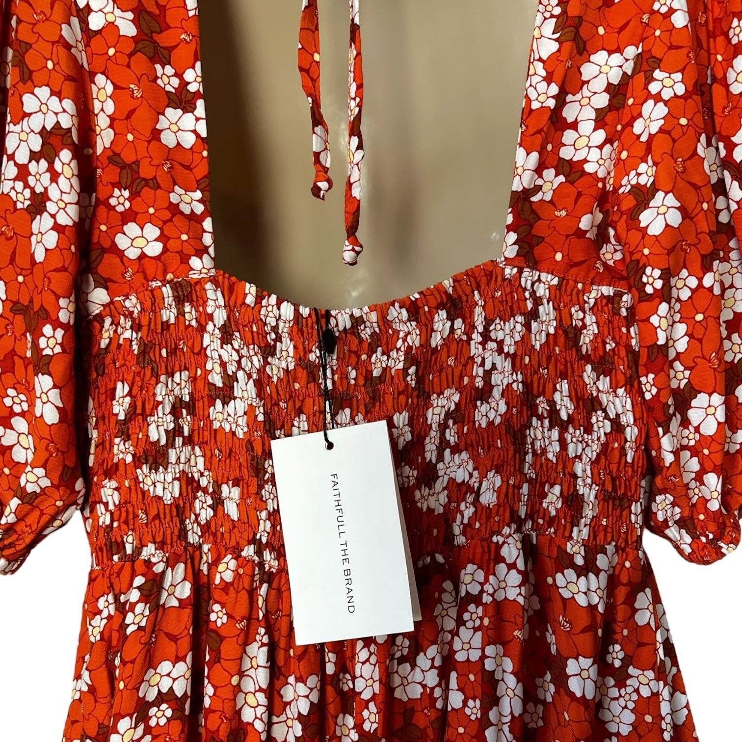 Faithfull The Brand Floral Mini Dress – Puff Sleeves, Open Back, M – pre-loved