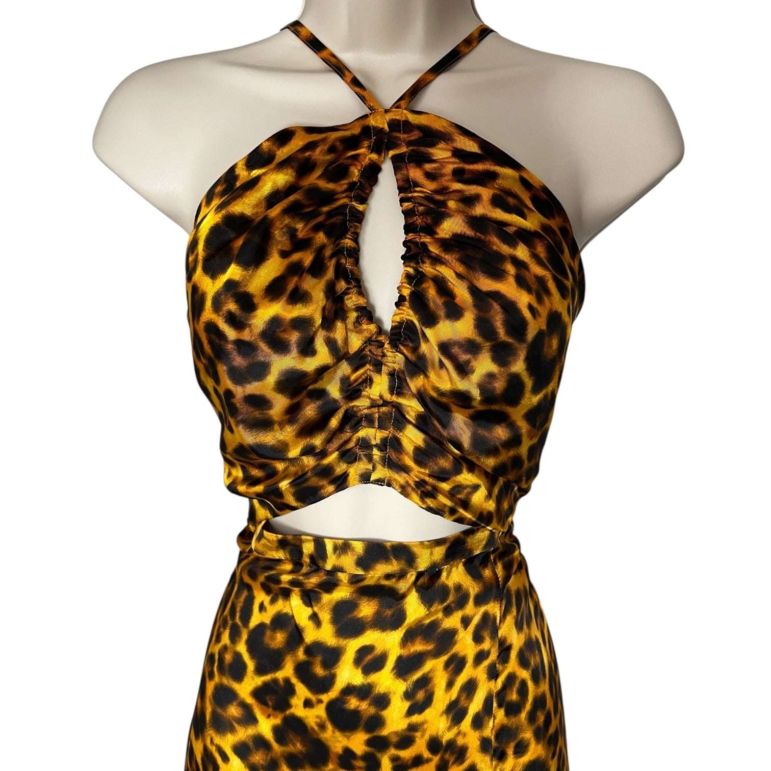 Sandro Satin Midi Dress – Halter Neck, Leopard Print, Cut-Out Detail, Wedding Guest Ready, FR 38 – pre-loved