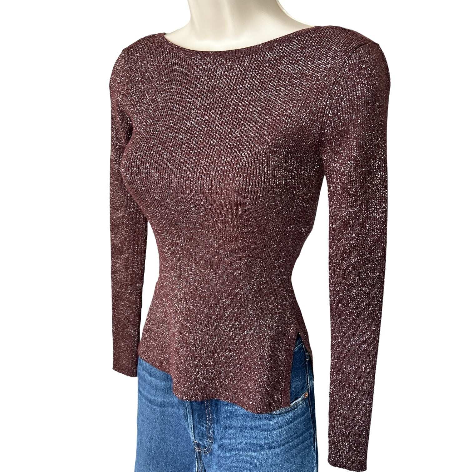 MaxMara Favella Ribbed Knit Jumper – Wine Metallic Thread, XS – pre-loved