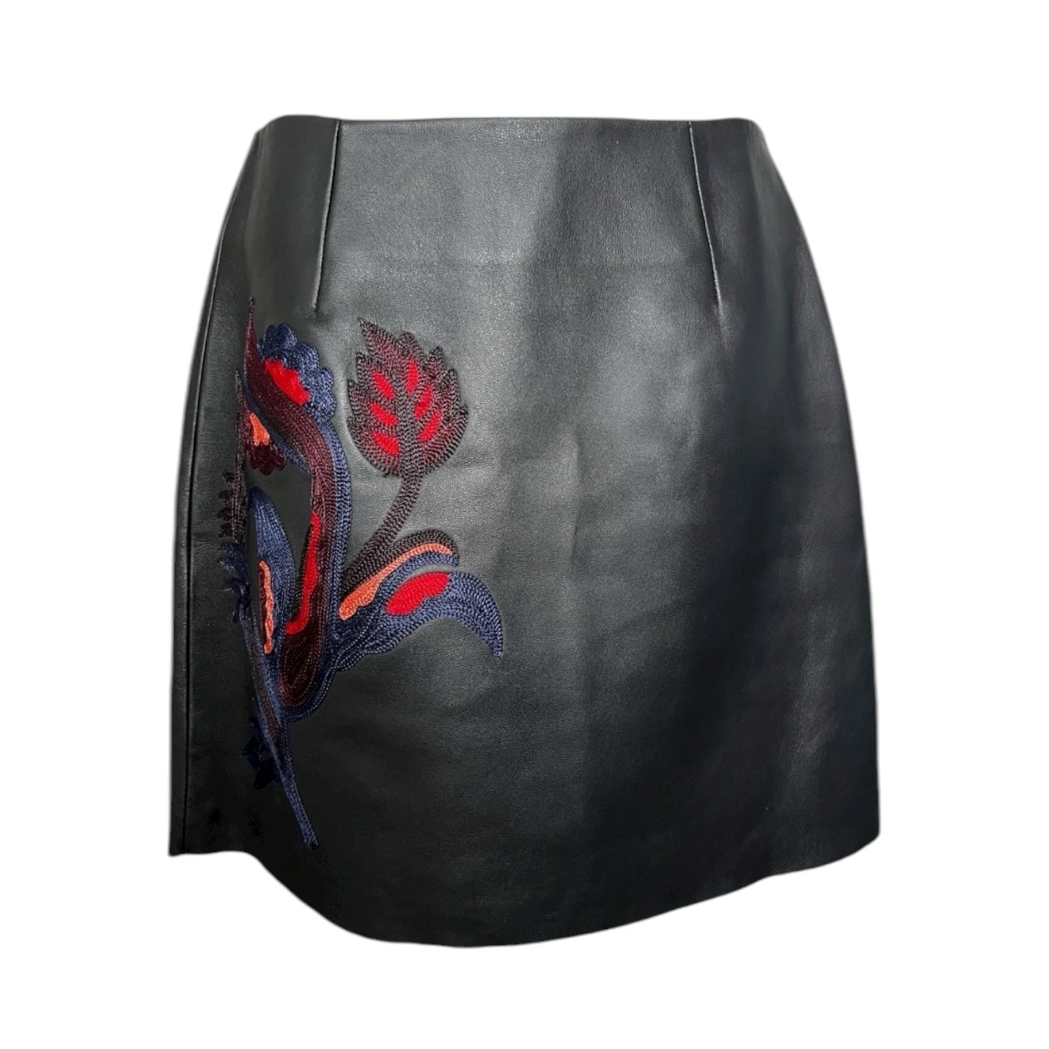 Sandro Paris Embroidered Real Leather Mini Skirt – Black Floral Zip Back, Sz 2 (UK10)