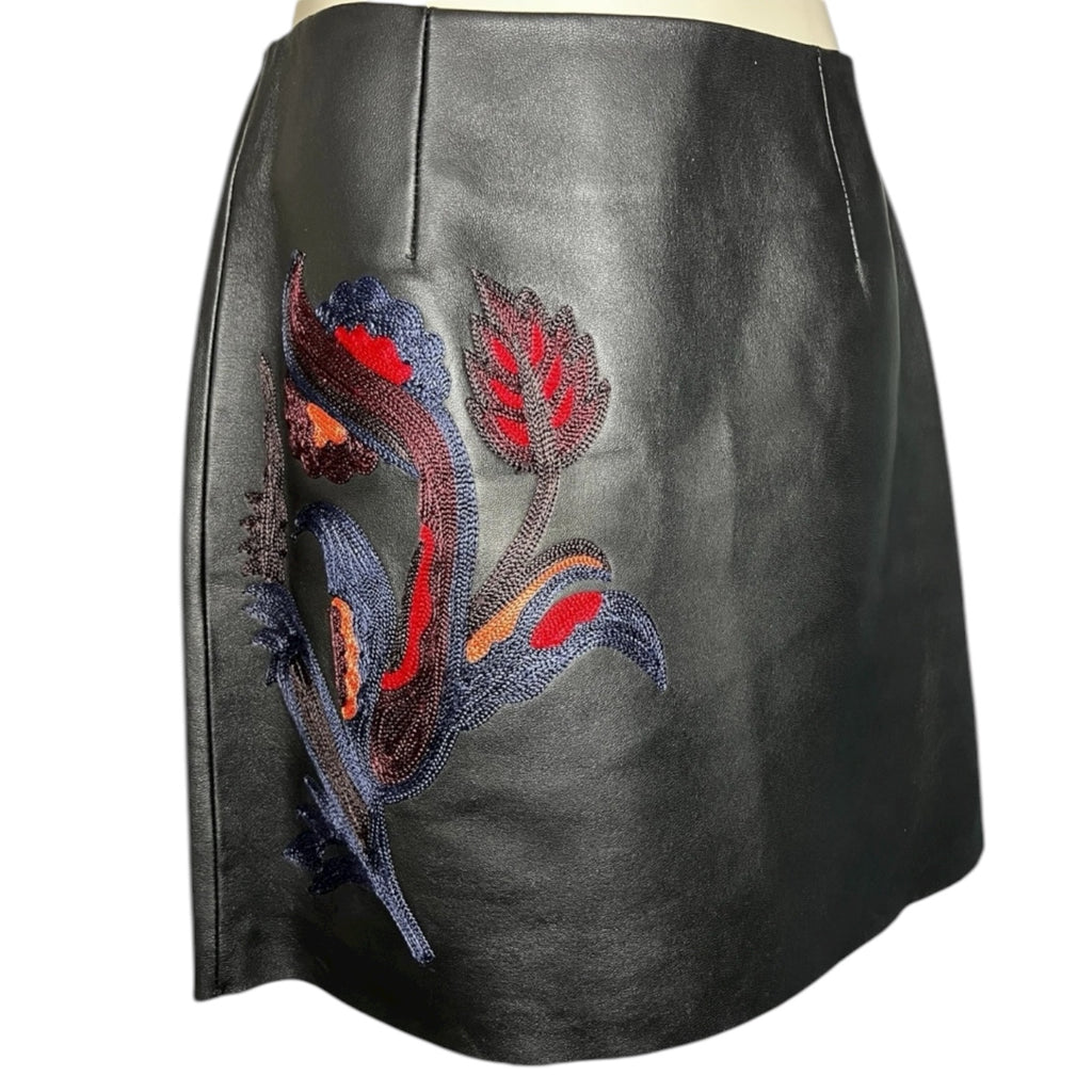 Sandro Paris Embroidered Real Leather Mini Skirt – Black Floral Zip Back, Sz 2 (UK10)